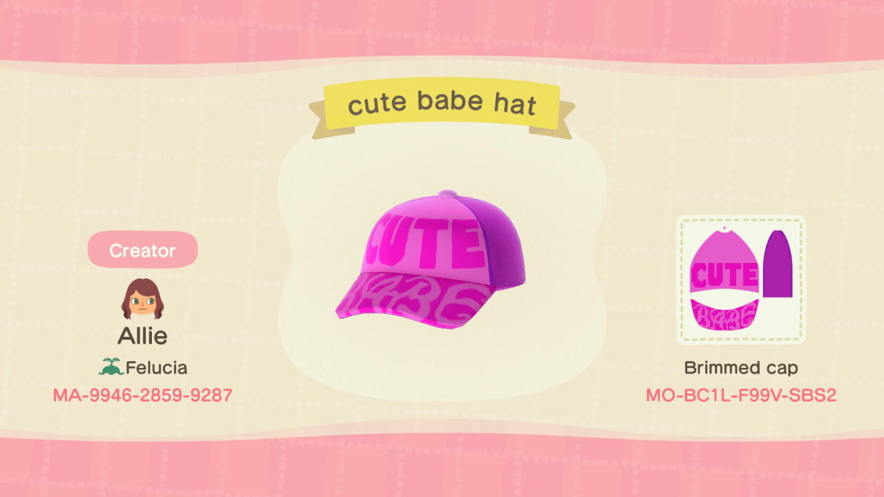 Animal Crossing Design Code: MO-BC1L-F99V-SBS2 Cute Babe Hat