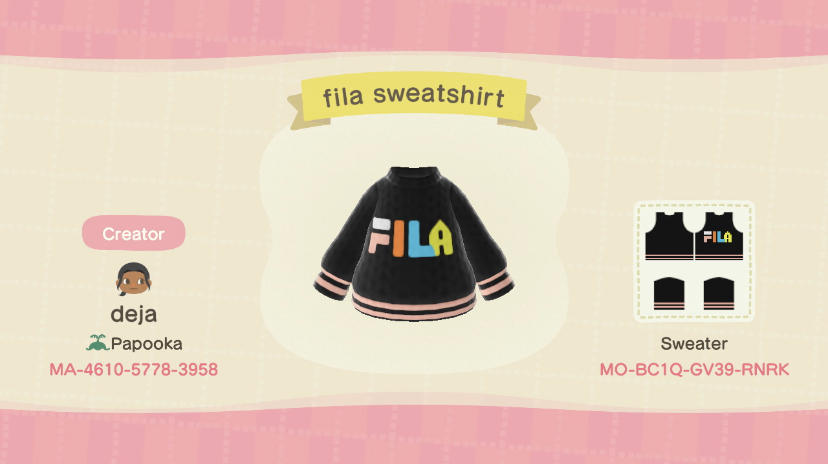 Animal Crossing Design Code: MO-BC1Q-GV39-RNRK Fila Sweatshirt