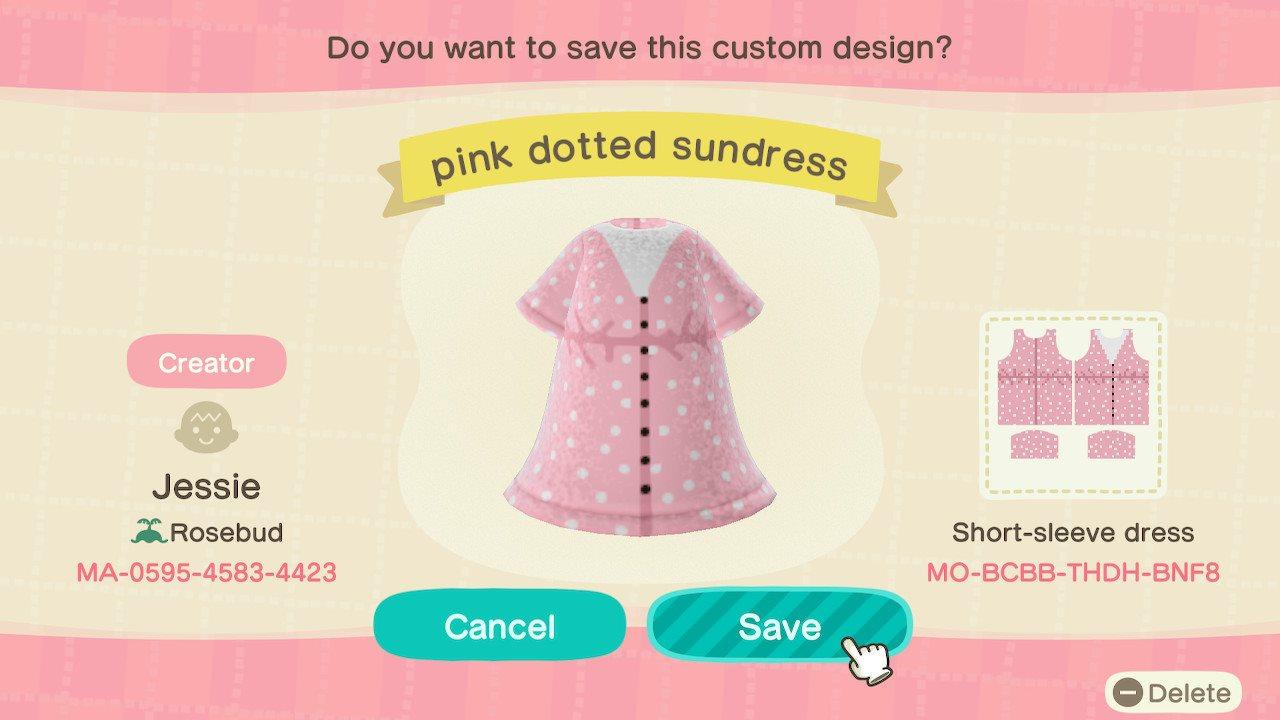 Animal Crossing Design Code: MO-BCBB-THDH-BNF8 pink dotted sundress