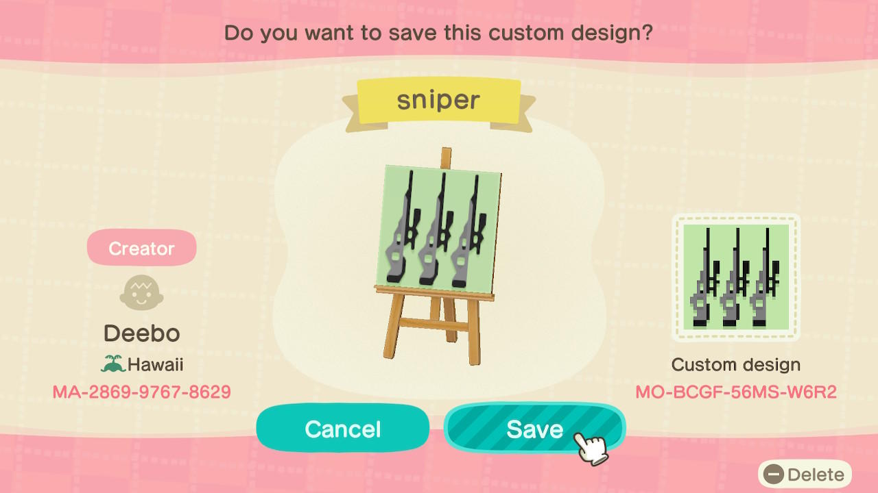 Animal Crossing Design Code: MO-BCGF-56MS-W6R2 WeaponsVault Rifle