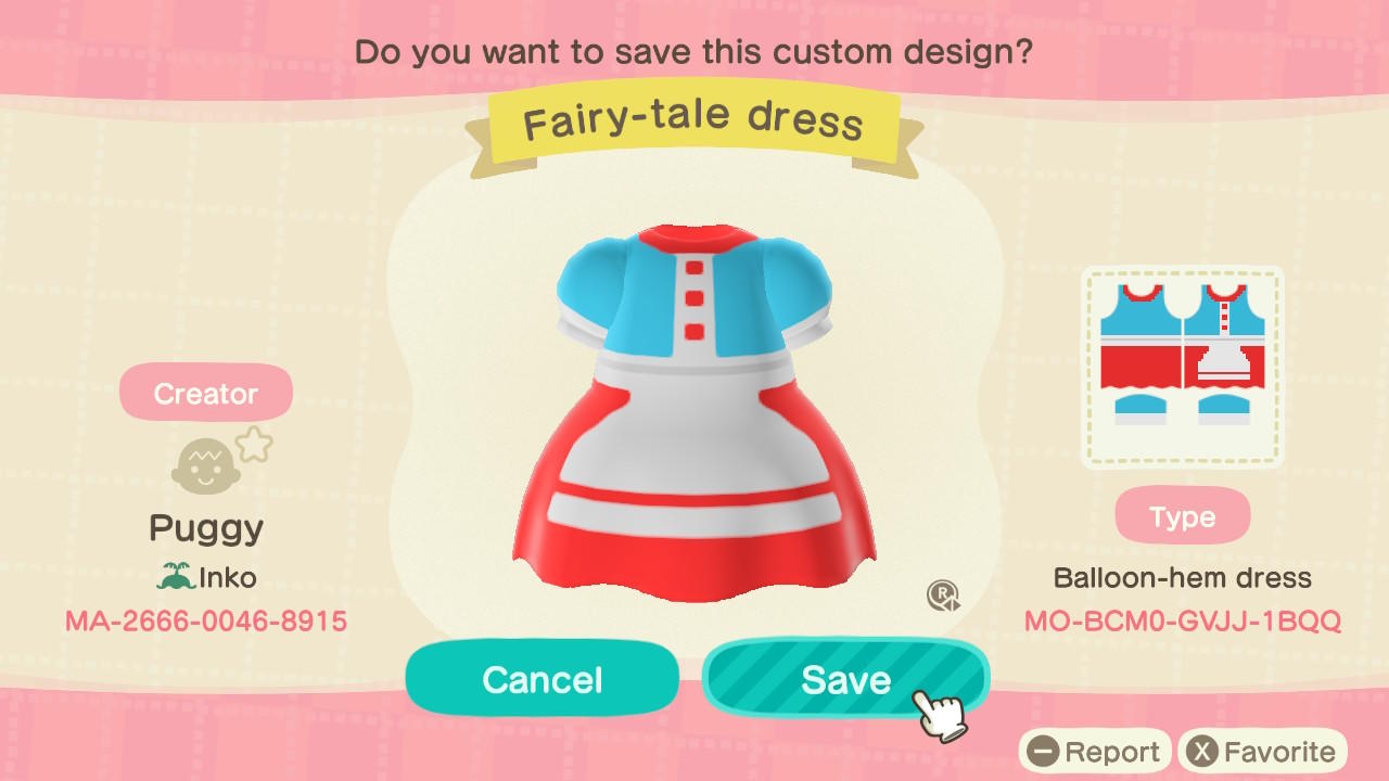 Animal Crossing Design Code: MO-BCM0-GVJJ-1BQQ Fairy-Tale Dress