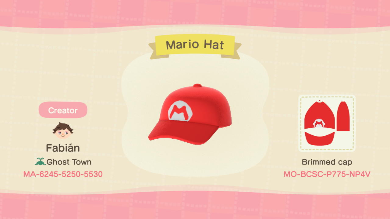 Animal Crossing Design Code: MO-BCSC-P775-NP4V Mario Hat