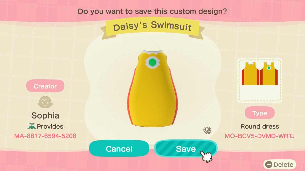 Animal Crossing Design Code: MO-BCV5-DVMD-WRTJ Daisy's Swimsuit