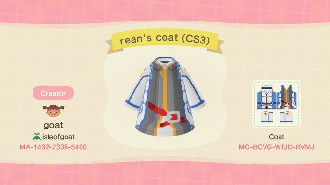 Animal Crossing Design Code: MO-BCVG-WTJD-RVMJ Rean&#39;s coat cs3