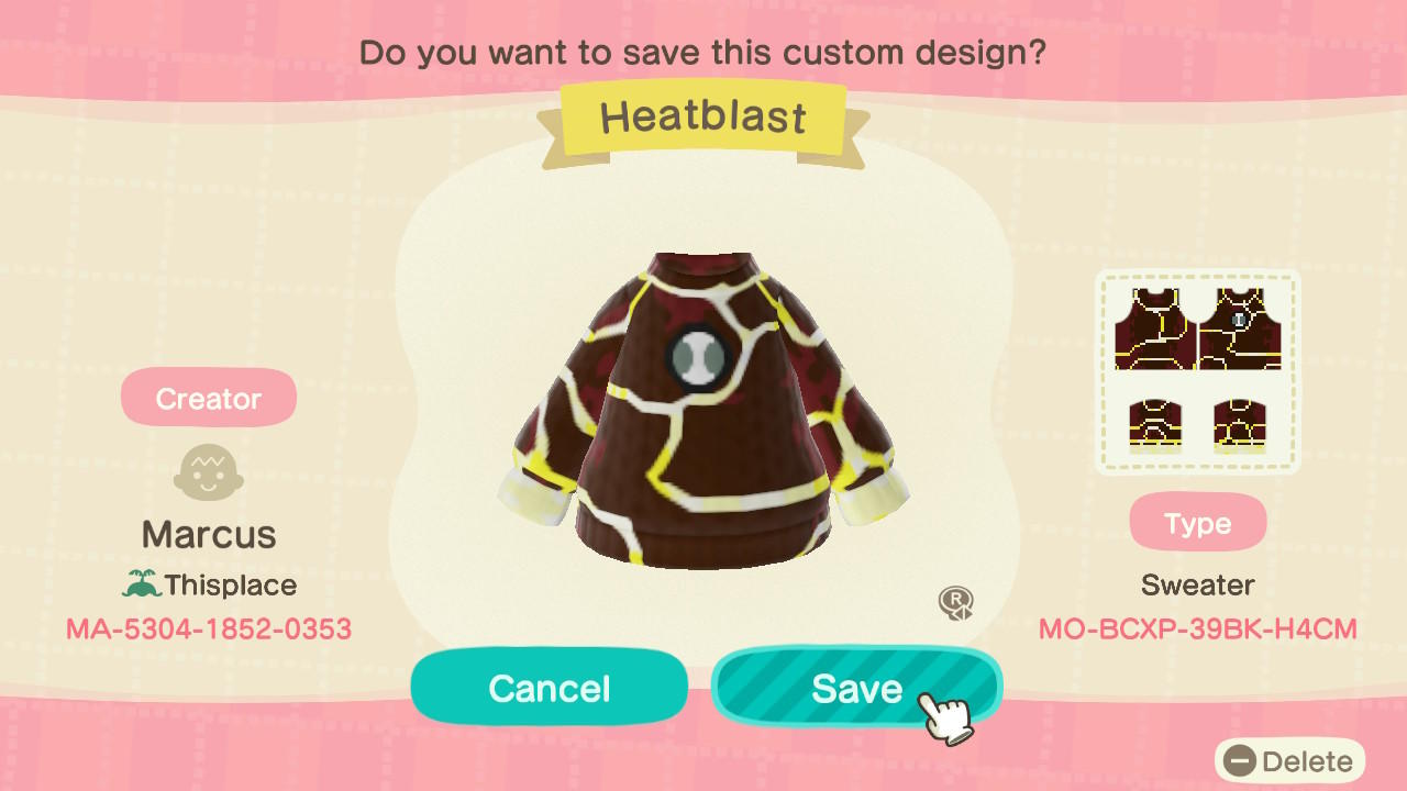 Animal Crossing Design Code: MO-BCXP-39BK-H4CM Heatblast Sweater