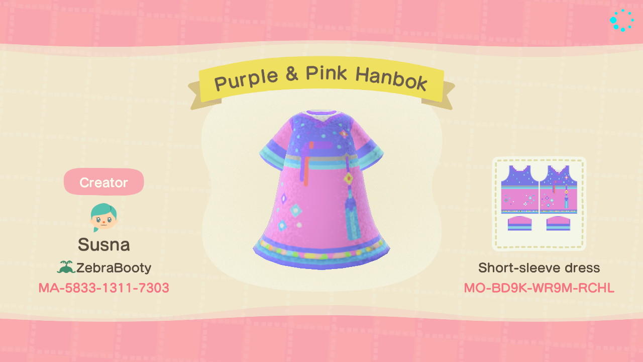 Animal Crossing Design Code: MO-BD9K-WR9M-RCHL Purple & Pink Hanbok
