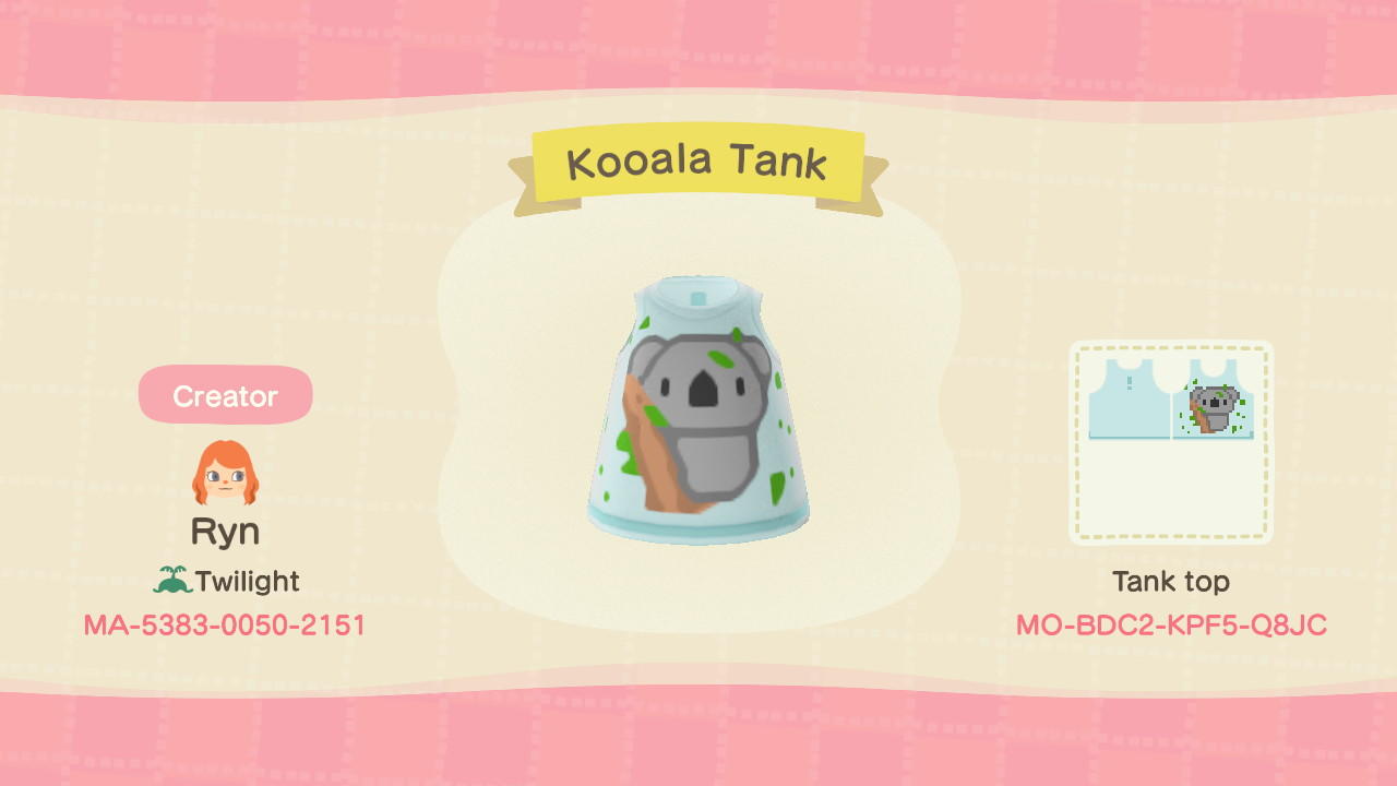 Animal Crossing Design Code: MO-BDC2-KPF5-Q8JC Kooala Tank