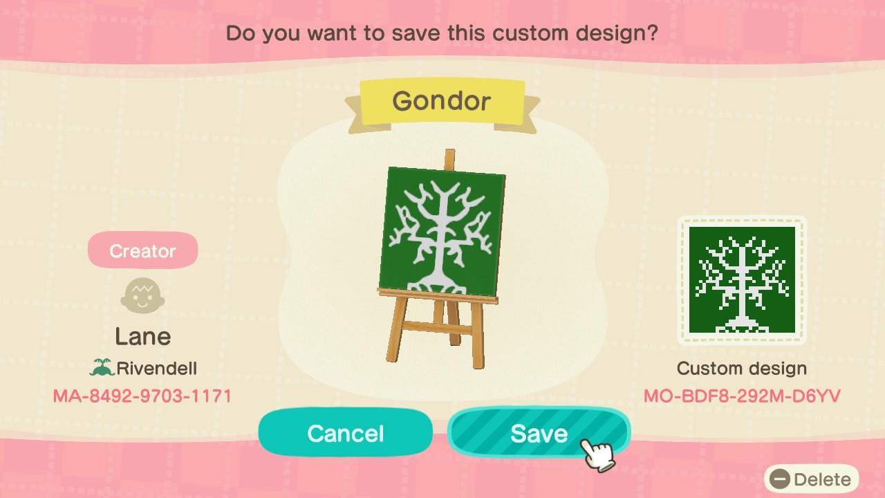 Animal Crossing Design Code: MO-BDF8-292M-D6YV Gondor
