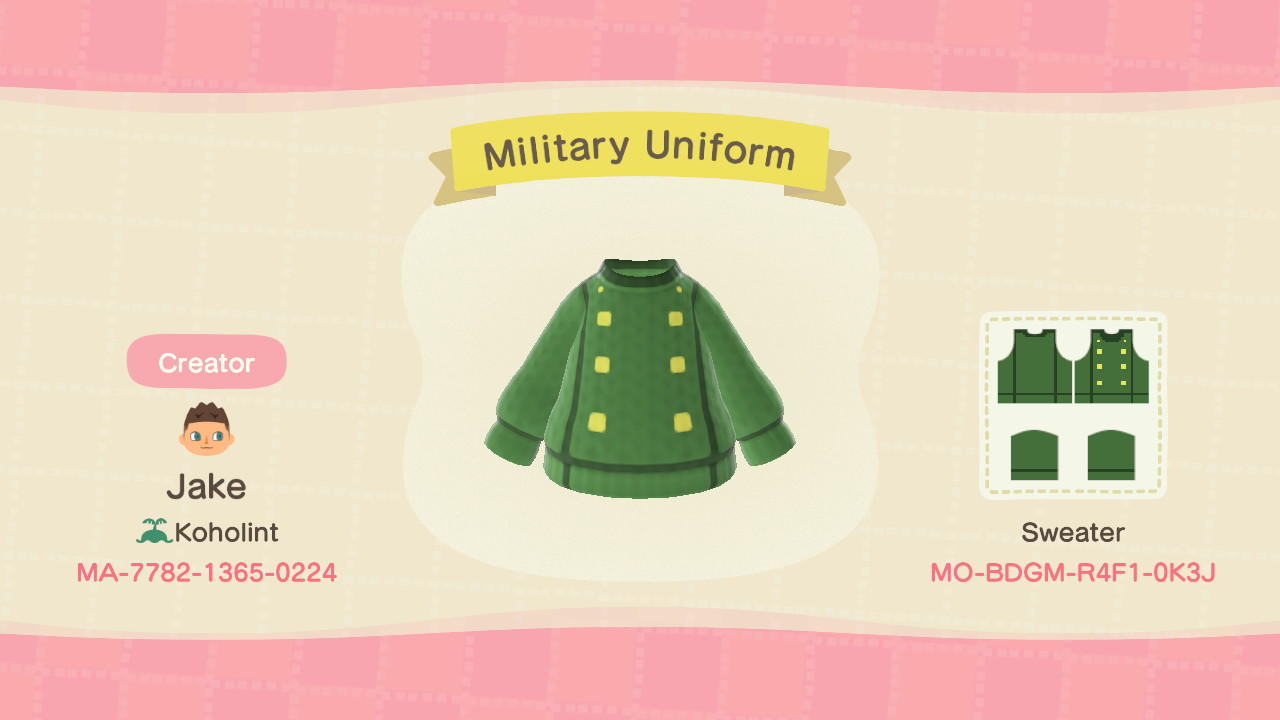 Animal Crossing Design Code: MO-BDGM-R4F1-0K3J Military Uniform