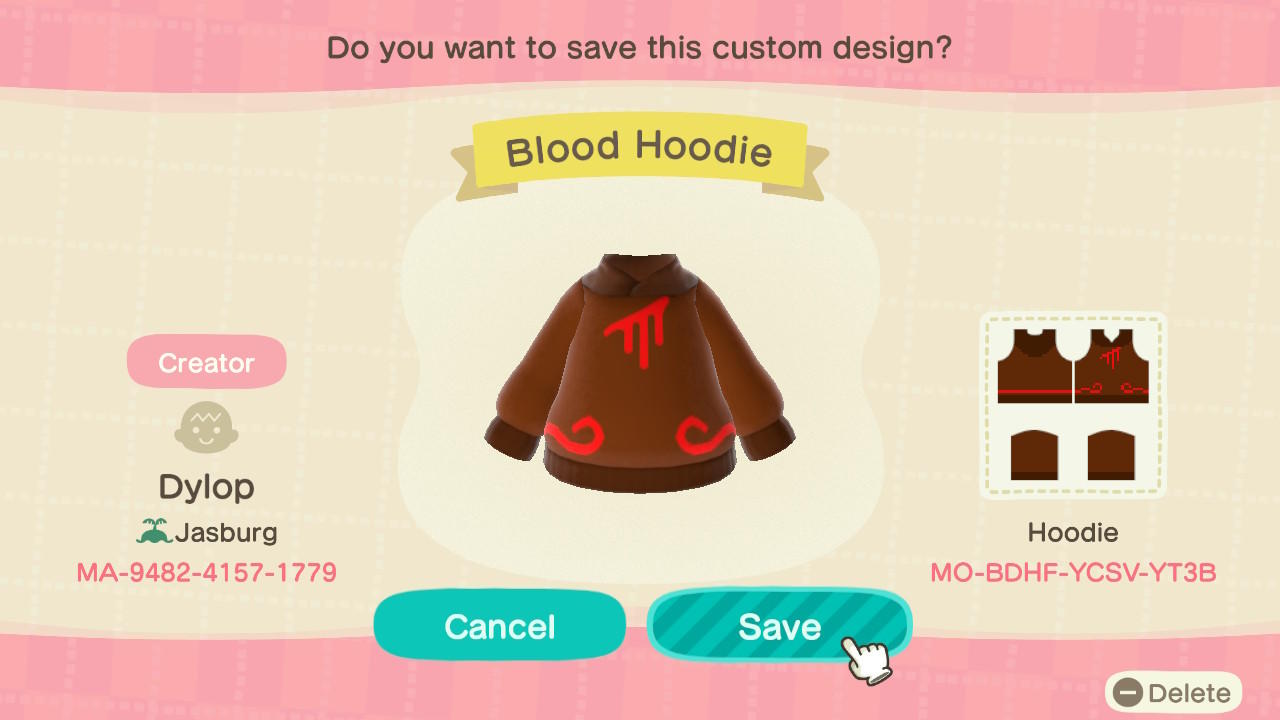 Animal Crossing Design Code: MO-BDHF-YCSV-YT3B Homestuck Blood
