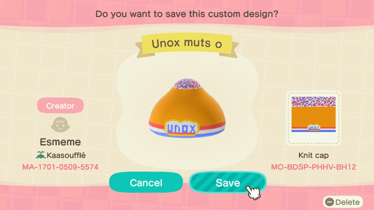 Animal Crossing Design Code: MO-BDSP-PHHV-BH12 Unox muts oranje