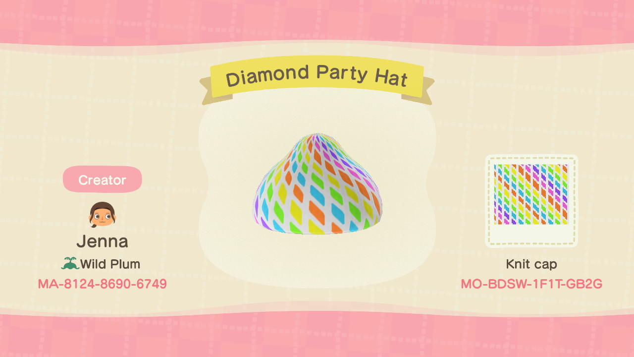 Animal Crossing Design Code: MO-BDSW-1F1T-GB2G Diamond Party Hat