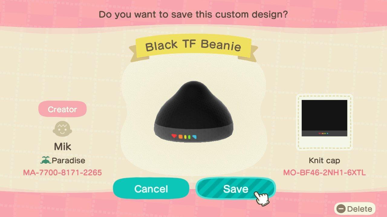 Animal Crossing Design Code: MO-BF46-2NH1-6XTL Black TF Beanie