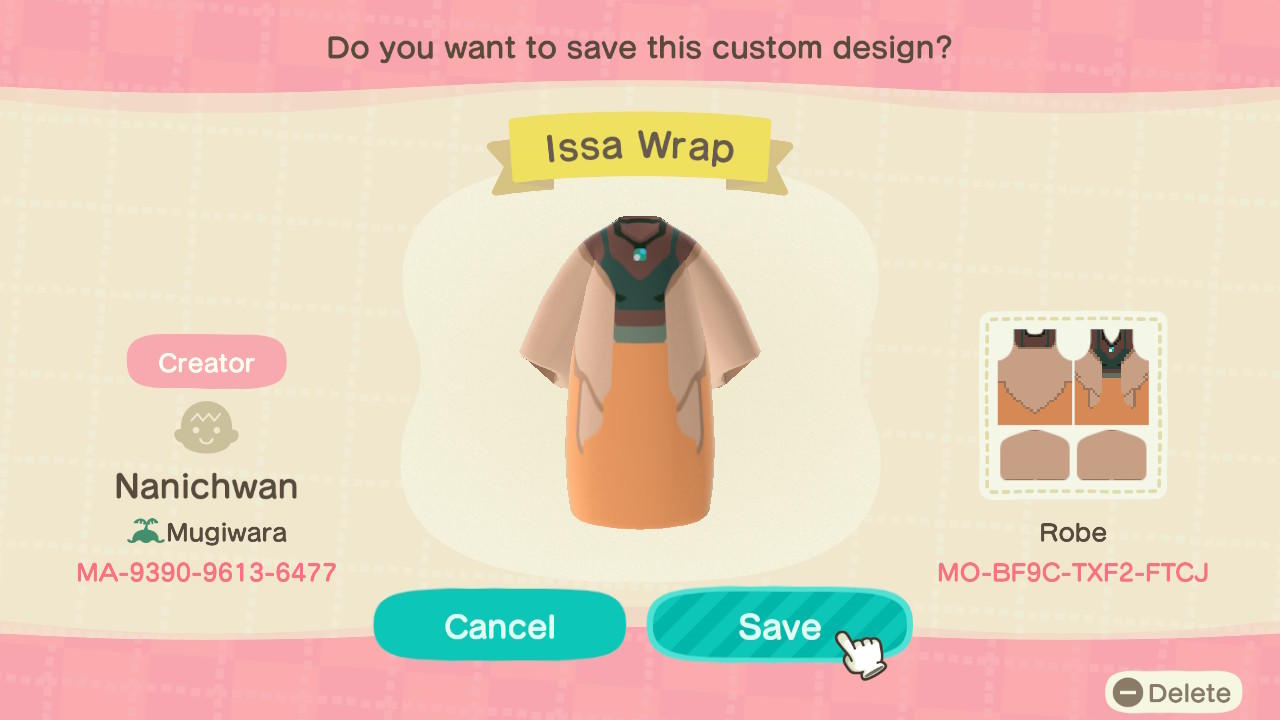Animal Crossing Design Code: MO-BF9C-TZF2-FTCJ Issa Wrap(8skintone)