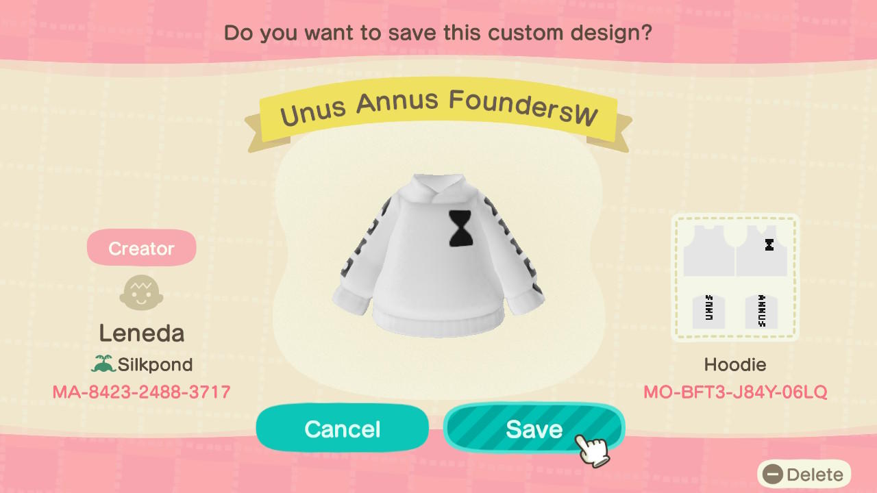 Animal Crossing Design Code: MO-BFT3-J84Y-06LQ Unus Annus FoundersW
