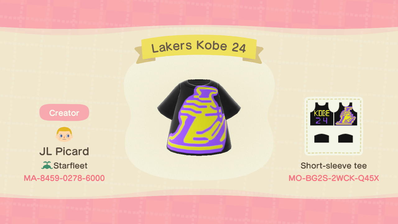 Animal Crossing Design Code: MO-BG2S-2WCK-Q45X Lakers Kobe 24
