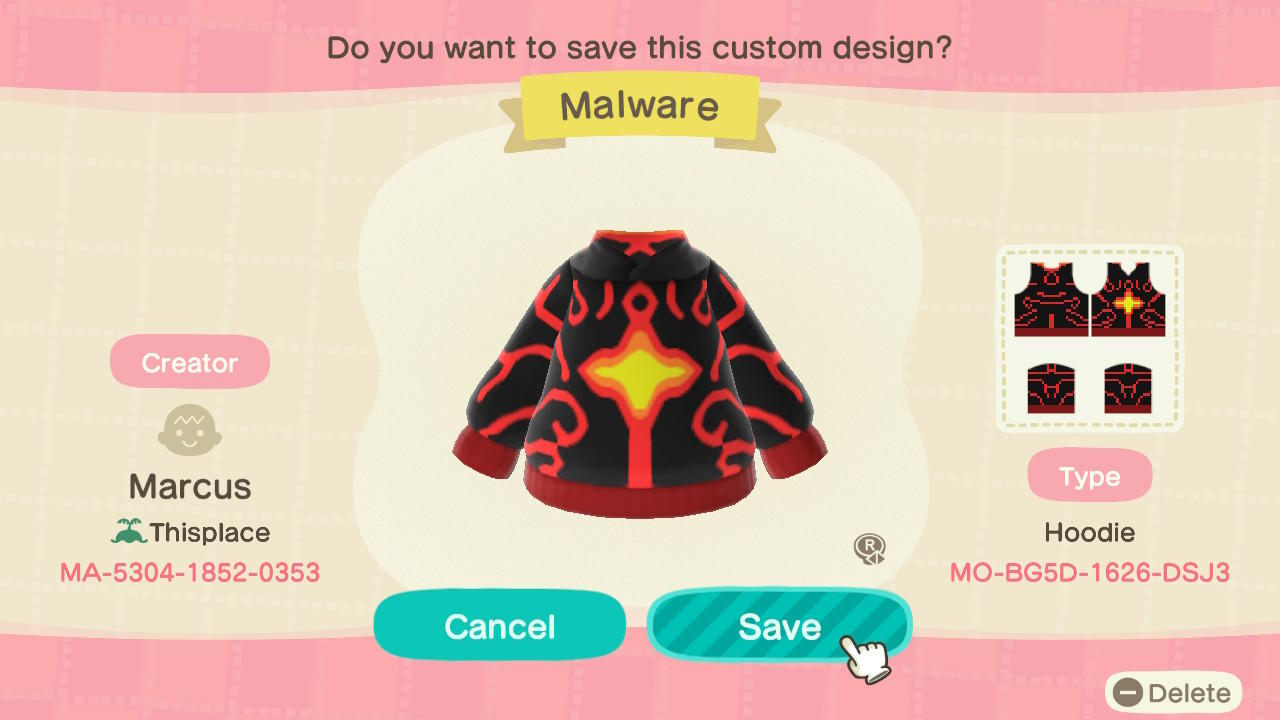 Animal Crossing Design Code: MO-BG5D-1626-DSJ3 Malware Hoodie