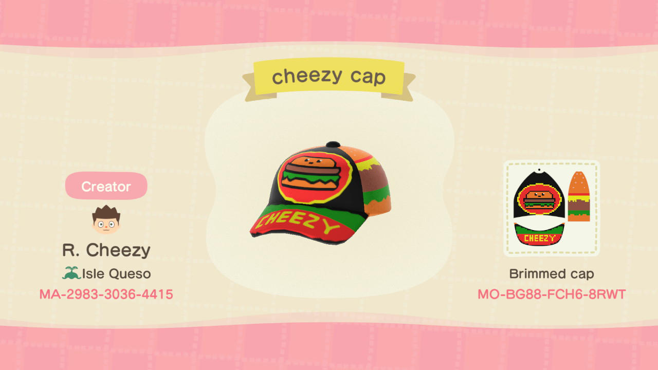 Animal Crossing Design Code: MO-BG88-FCH6-8RWT cheezy cap