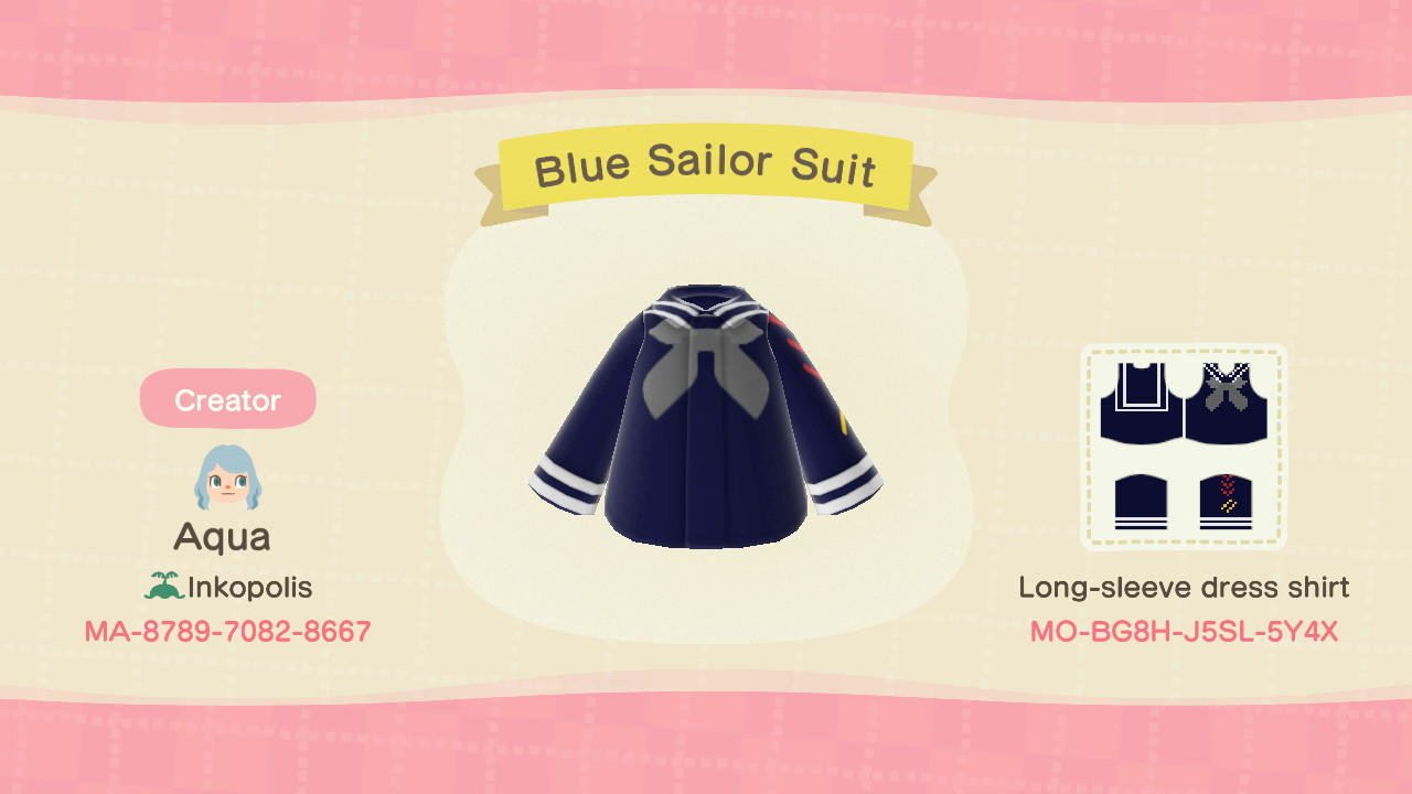 Animal Crossing Design Code: MO-BG8H-J5SL-5Y4X Blue Sailor Suit