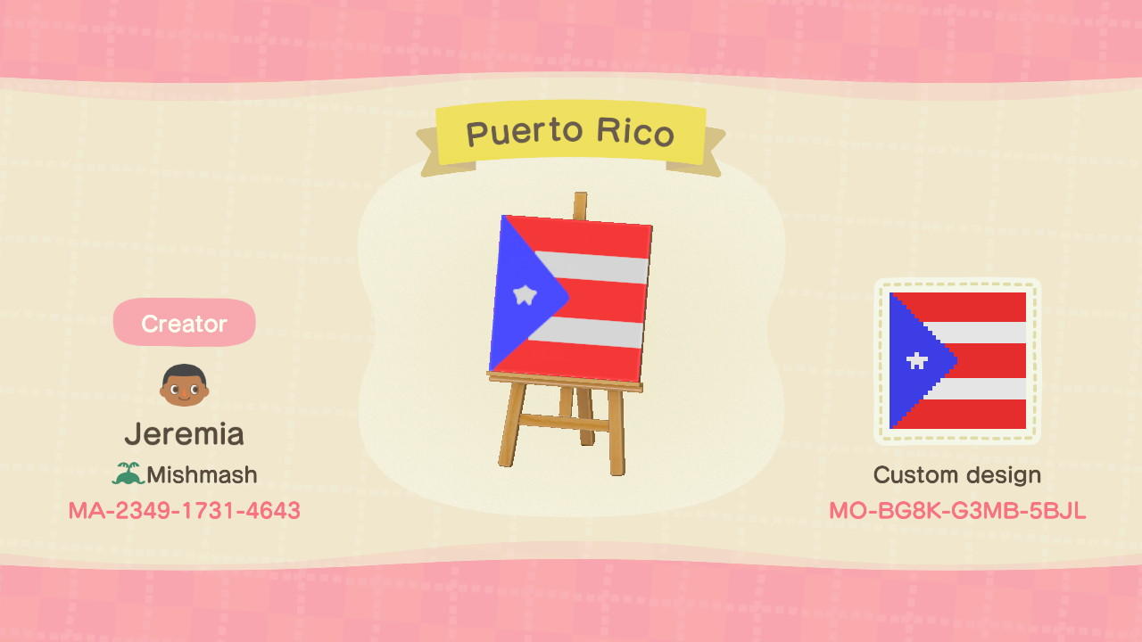 Animal Crossing Design Code: MO-BG8K-G3MB-5BJL Puerto Rico