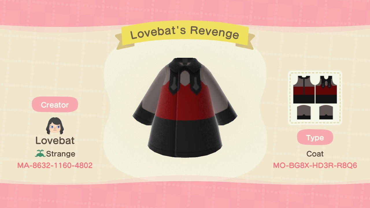 Animal Crossing Design Code: MO-BG8X-HD3R-R8Q6 Lovebat’s Revenge