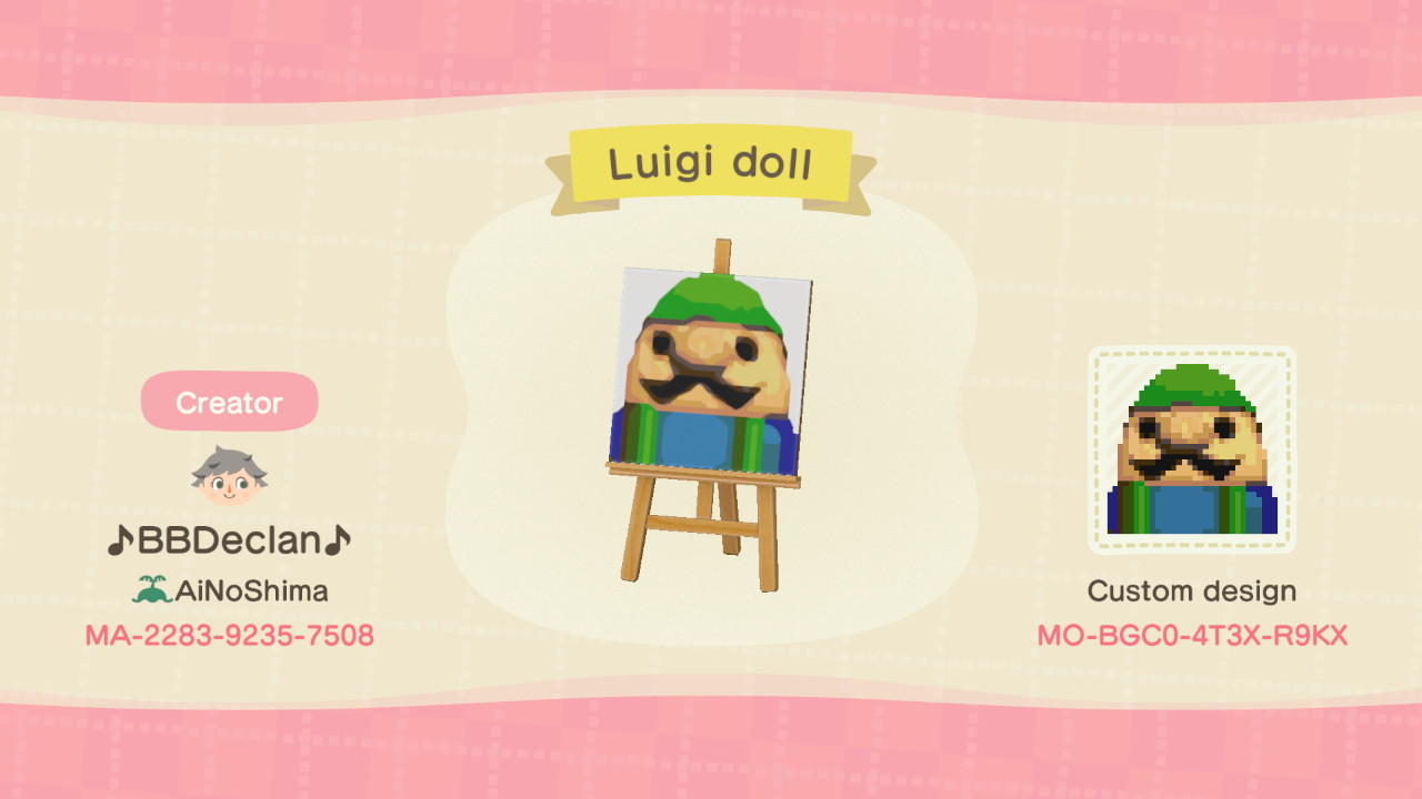 Animal Crossing Design Code: MO-BGC0-4T3X-R9KX Luigi Doll