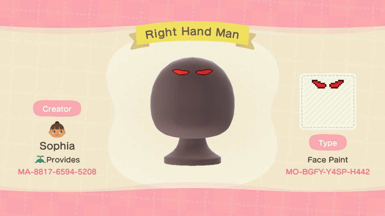 Animal Crossing Design Code: MO-BGFY-Y4SP-H442 Right Hand Man