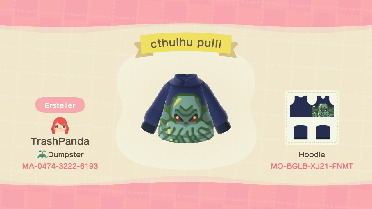 Animal Crossing Design Code: MO-BGLB-XJ21-FNMT Cthulhu Hoodie