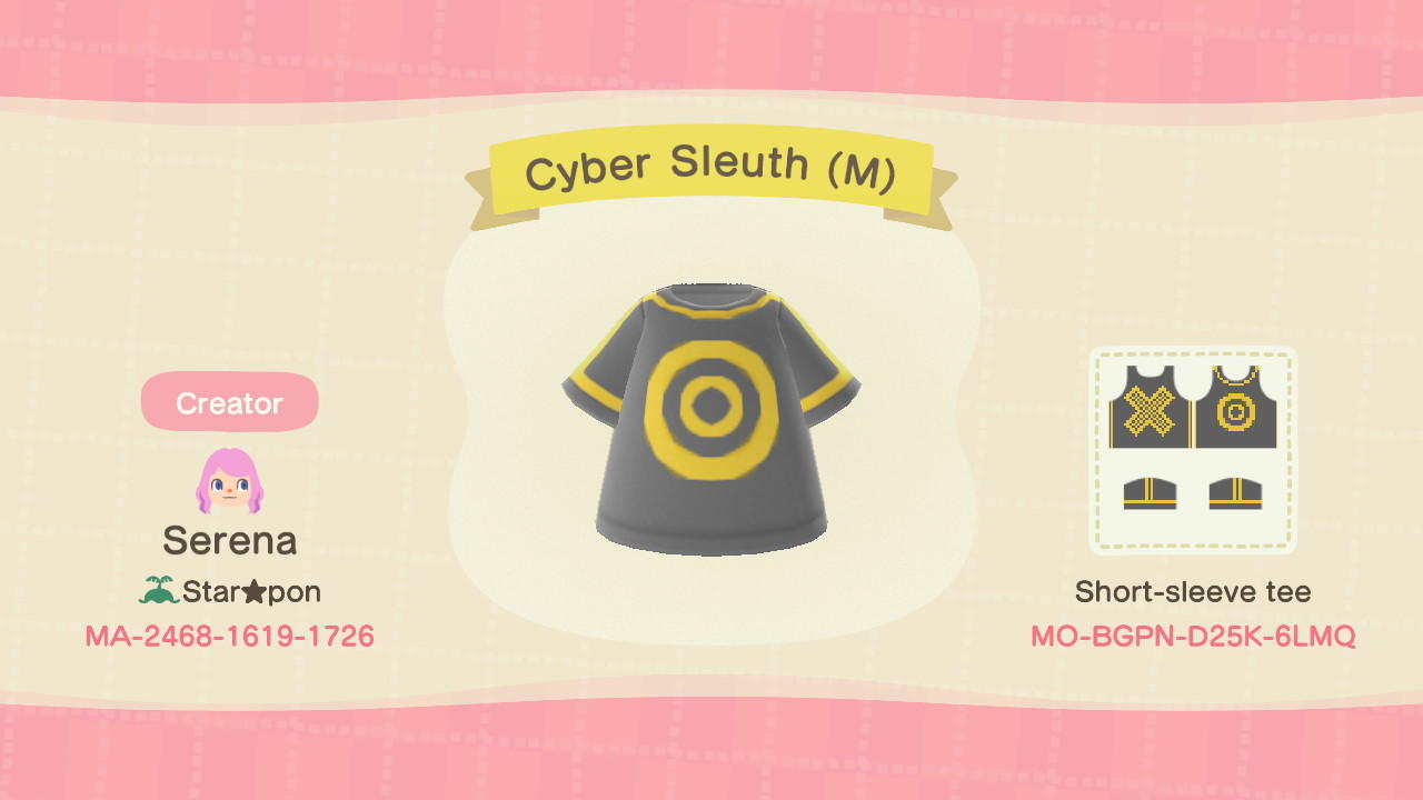 Animal Crossing Design Code: MO-BGPN-D25K-6LMQ Cyber Sleuth (M)