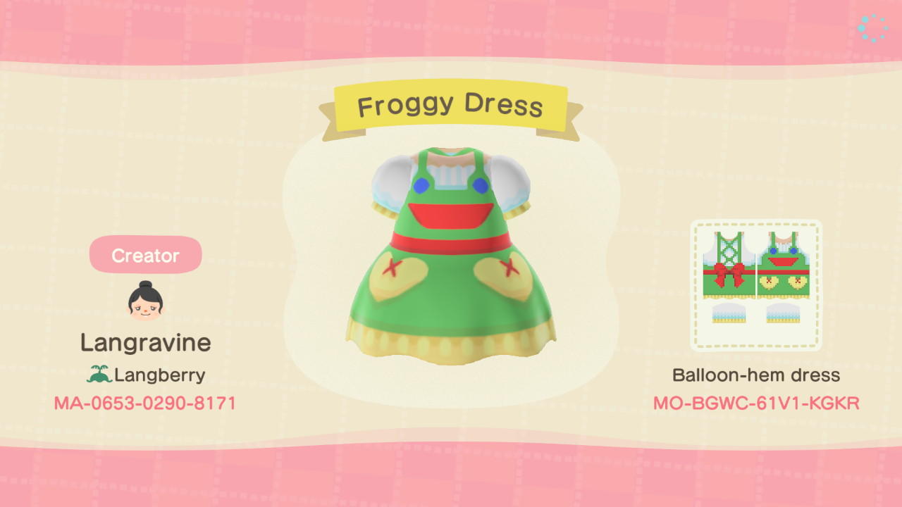 Animal Crossing Design Code: MO-BGWC-61V1-KGKR Froggy Dress
