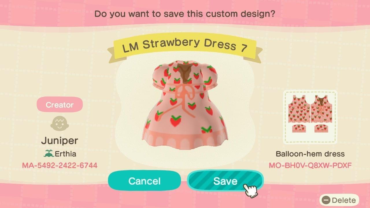 Animal Crossing Design Code: MO-BH0V-Q8XW-PDXF LM Strawberry Dress