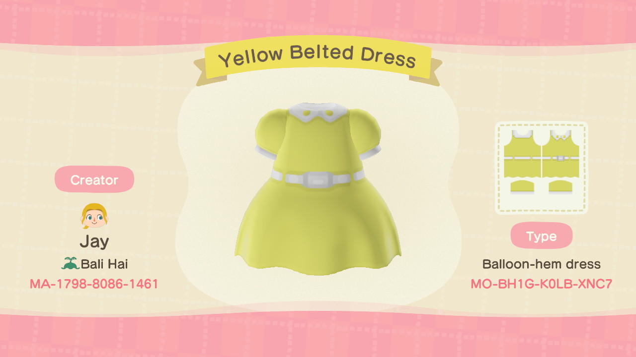 Animal Crossing Design Code: MO-BH1G-K0LB-XNC7 Yellow Belted Dress