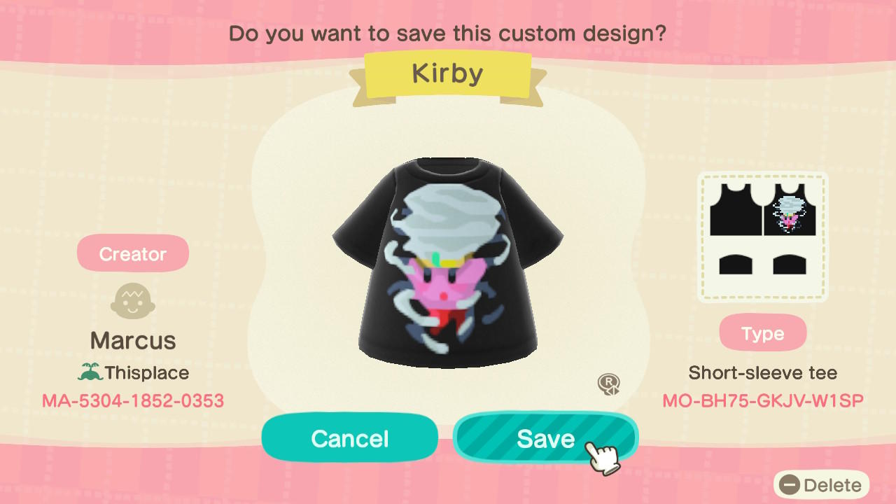 Animal Crossing Design Code: MO-BH75-GKJV-W1SP Tornado Kirby