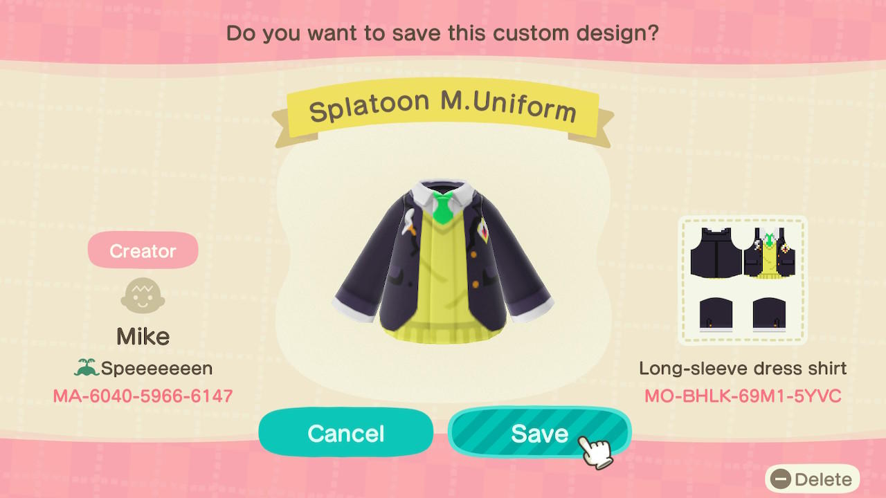Animal Crossing Design Code: MO-BHLK-69M1-5YVC Splatoon M.Uniform