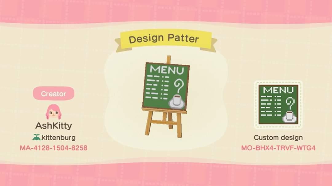 Animal Crossing Design Code: MO-BHX4-TRVF-WTG4 Cafe menu