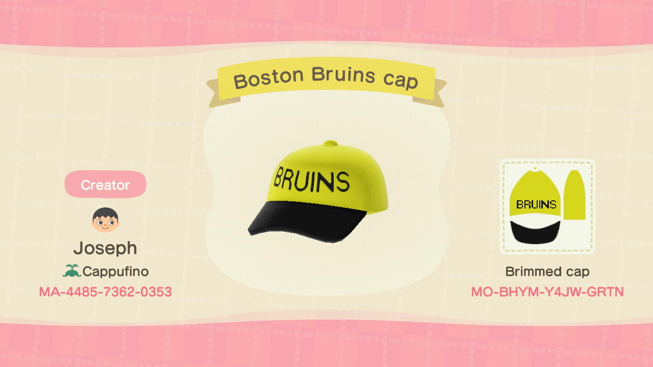 Animal Crossing Design Code: MO-BHYM-Y4JW-GRTN Boston Bruins Cap