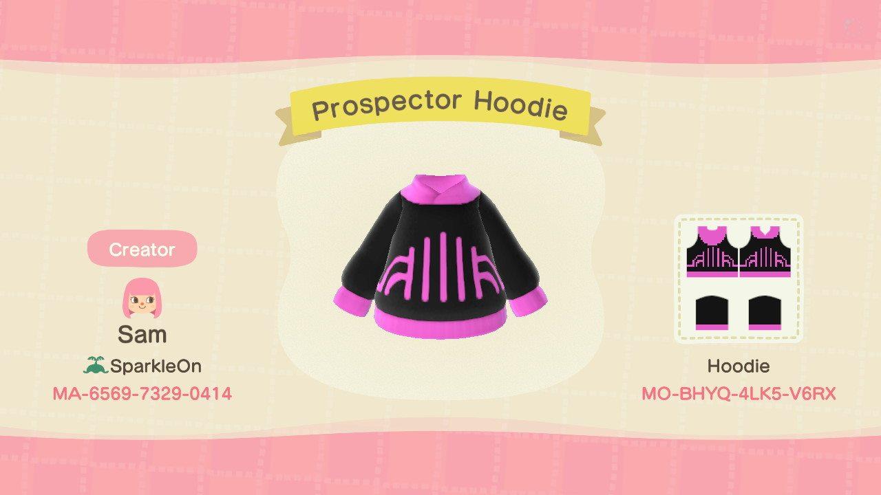 Animal Crossing Design Code: MO-BHYQ-4LK5-V6RX Prospector Hoodie