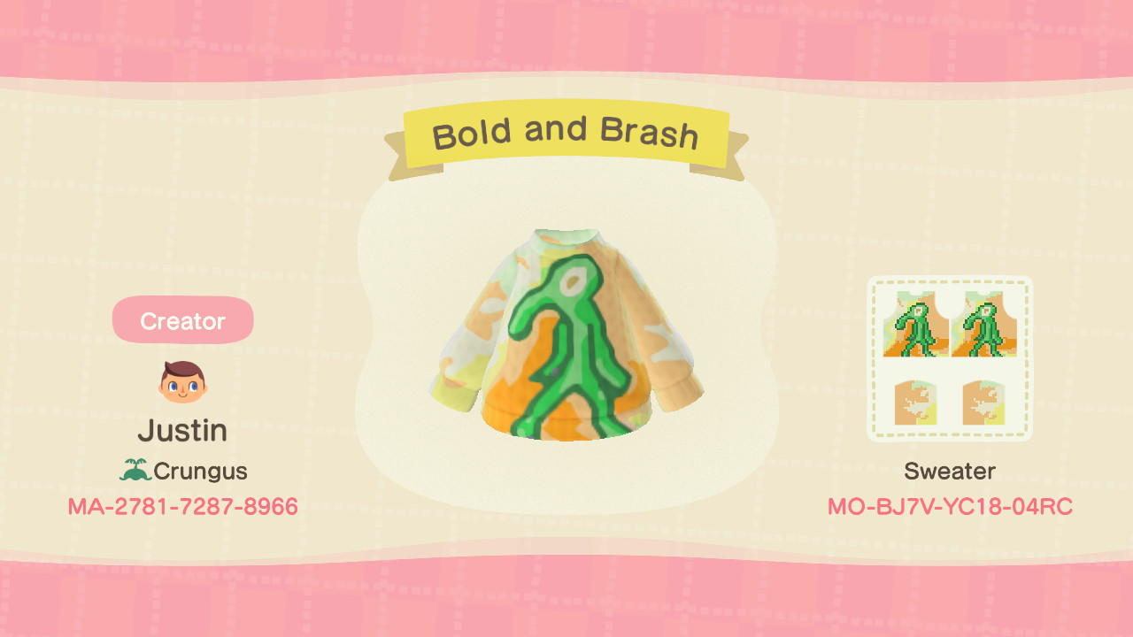 Animal Crossing Design Code: MO-BJ7V-YC18-04RC Bold and Brash