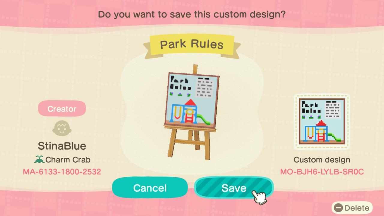 Animal Crossing Design Code: MO-BJH6-LYLB-SR0C Park Rules