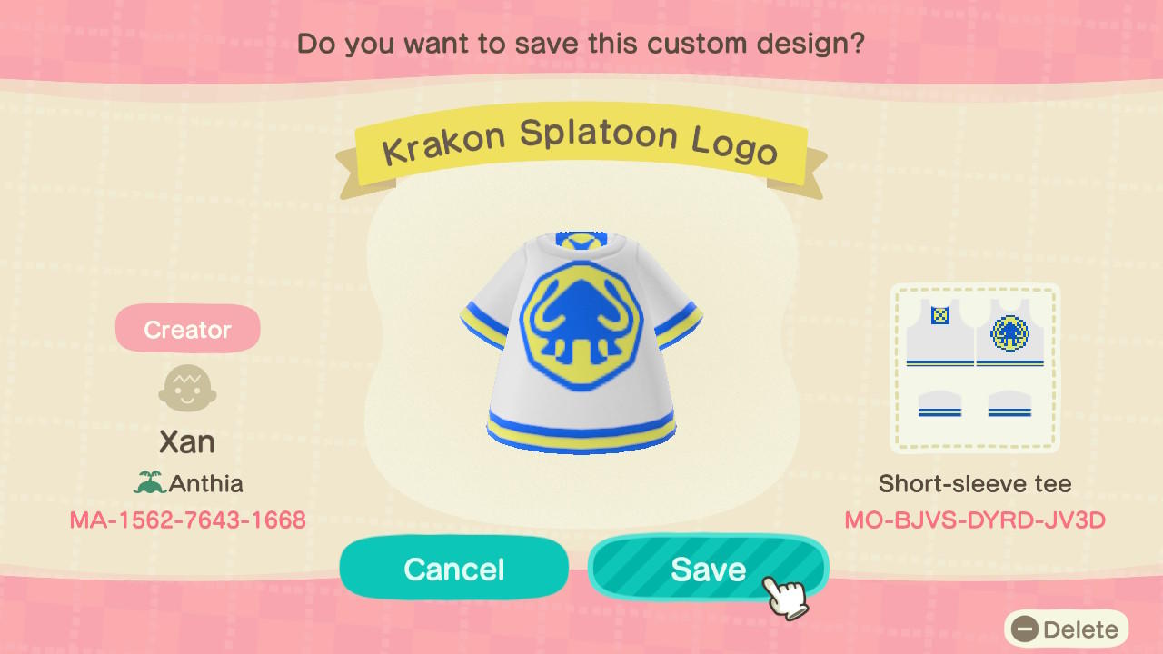 Animal Crossing Design Code: MO-BJVS-DYRD-JV3D Krak-on Splatoon log