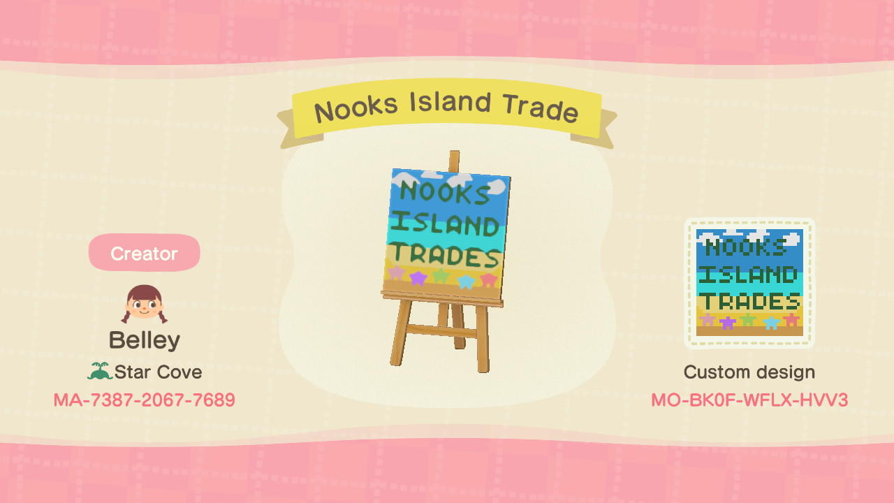 Animal Crossing Design Code: MO-BK0F-WFLX-HVV3 Nooks Island Trades