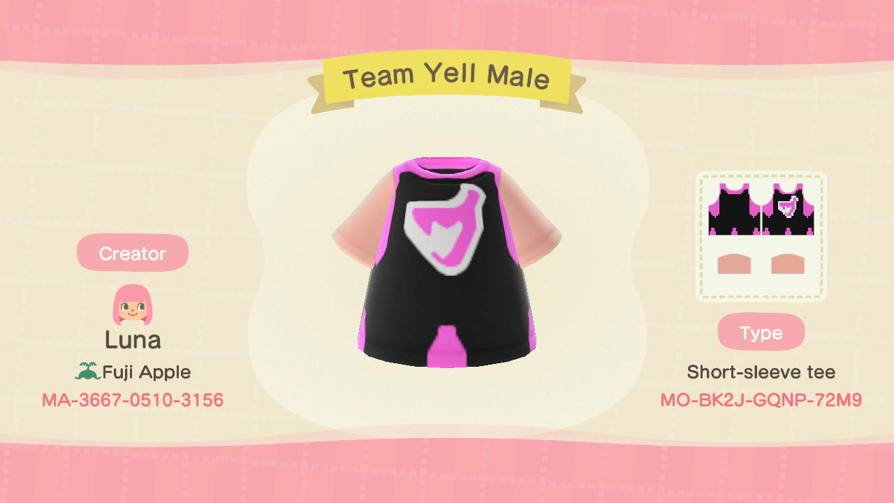 Animal Crossing Design Code: MO-BK2J-GQNP-72M9 Team Yell Male