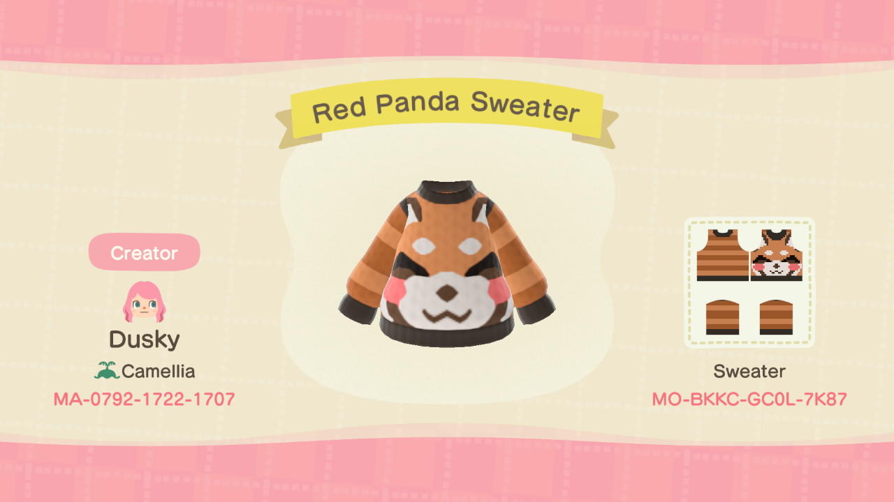 Animal Crossing Design Code: MO-BKKC-GC0L-7K87 Red Panda Sweater