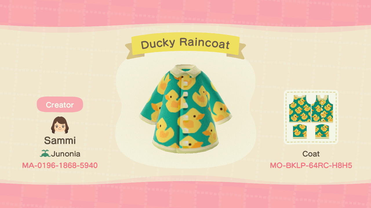 Animal Crossing Design Code: MO-BKLP-64RC-H8H5 Ducky Raincoat