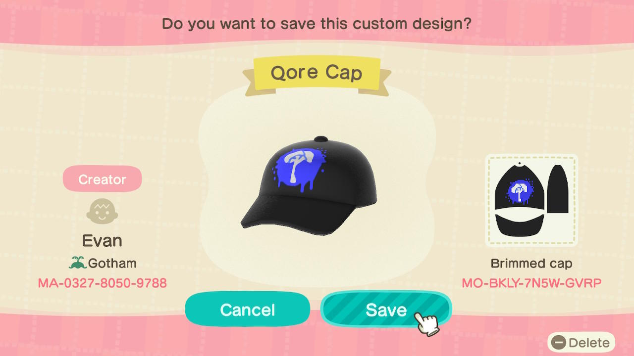 Animal Crossing Design Code: MO-BKLY-7N5W-GVRP Qore Cap