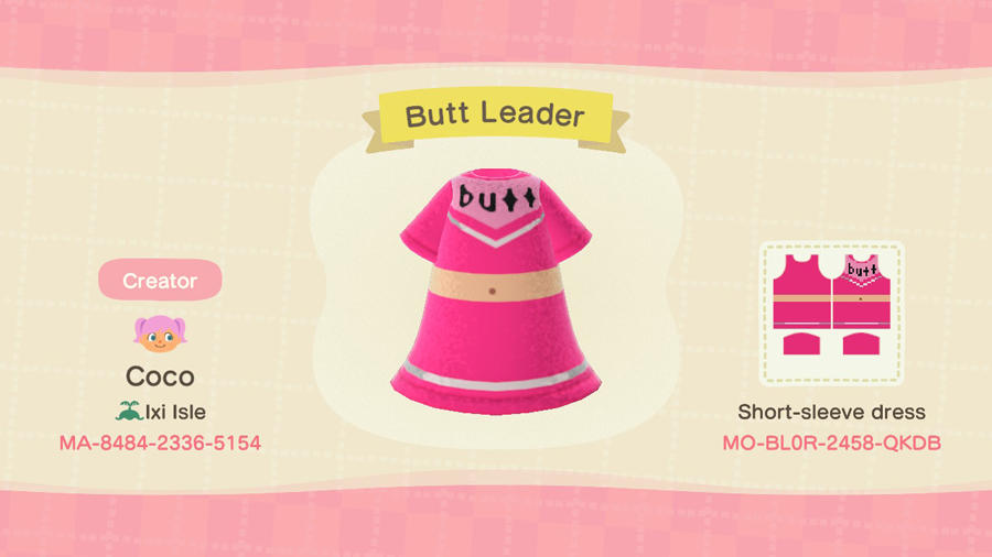 Animal Crossing Design Code: MO-BL0R-2458-QKDB Butt Leader