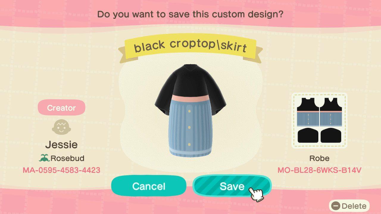 Animal Crossing Design Code: MO-BL28-6WKS-B14V black croptop/skirt