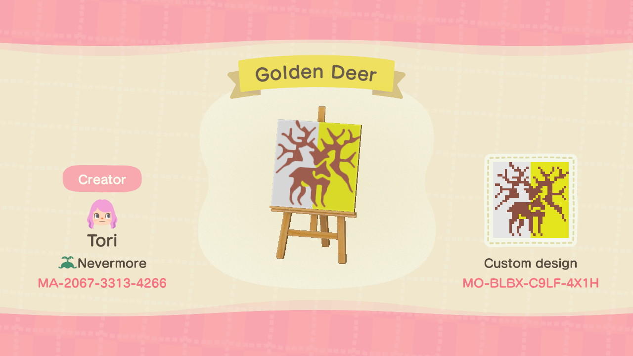 Animal Crossing Design Code: MO-BLBX-C9LF-4X1H Golden Deer Emblem