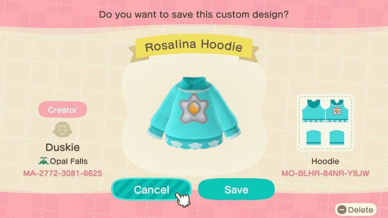 Animal Crossing Design Code: MO-BLHR-84NR-Y8JW Rosalina Hoodie