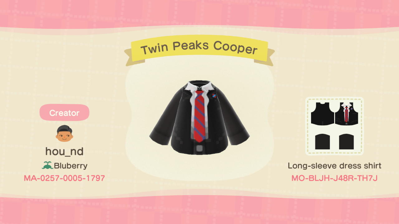 Animal Crossing Design Code: MO-BLJH-J48R-TH7J Twin Peaks Cooper